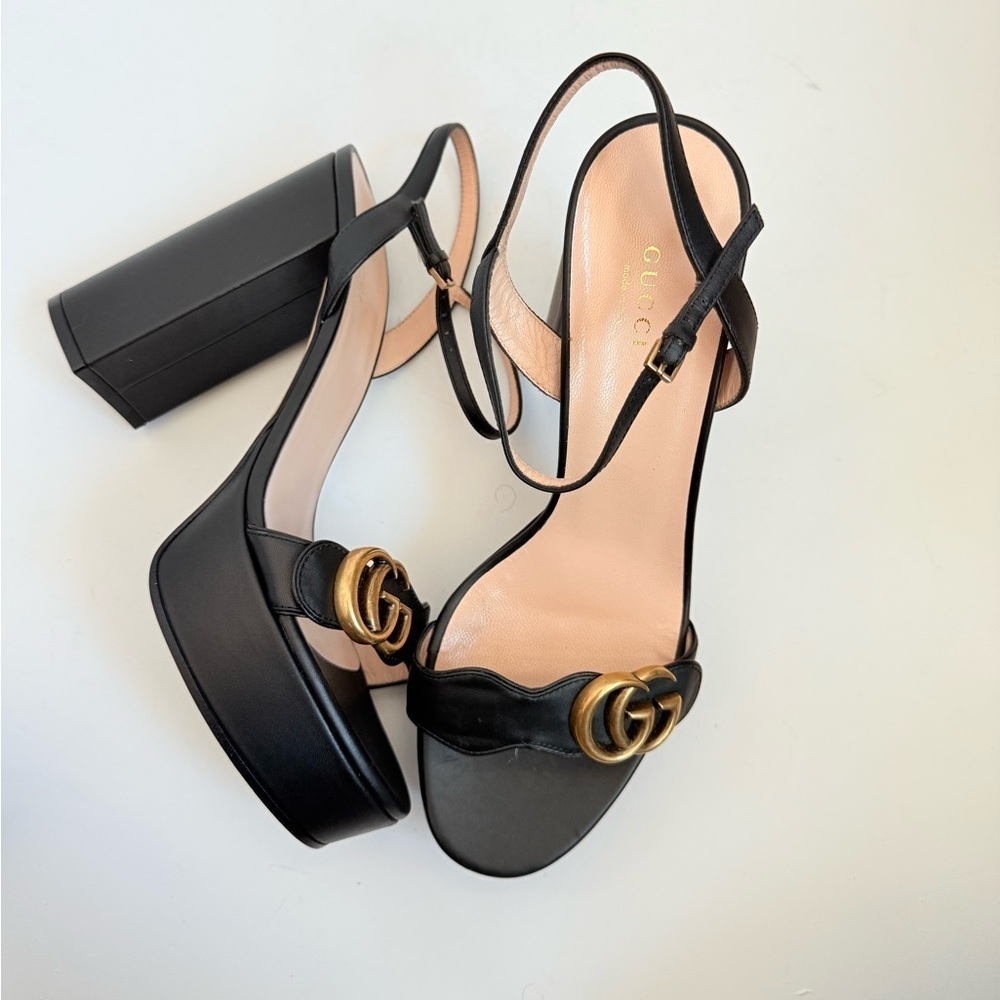 Gucci Black Leather Marmont GG Platform High Heel sandals EU 40.5